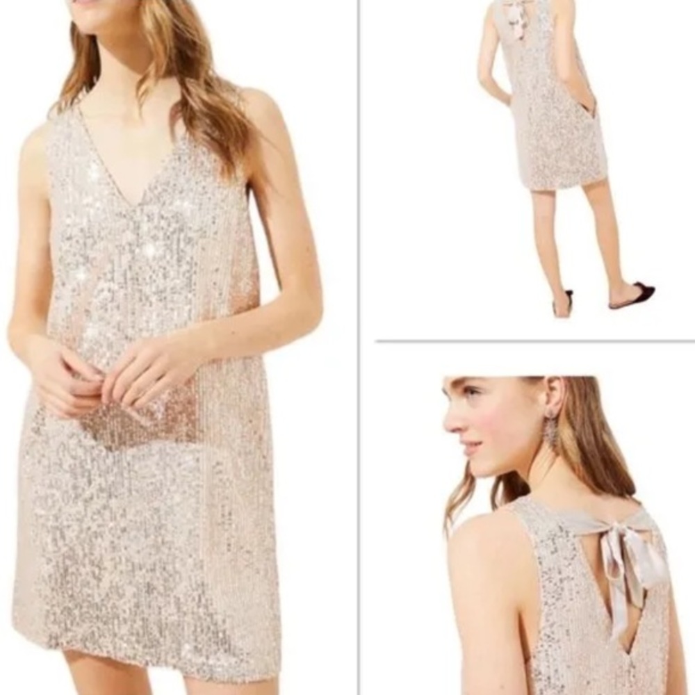Loft Sequin Gold Metallic V Neck Bow Back Mini Sleeveless Dress  Size 2P no taga
